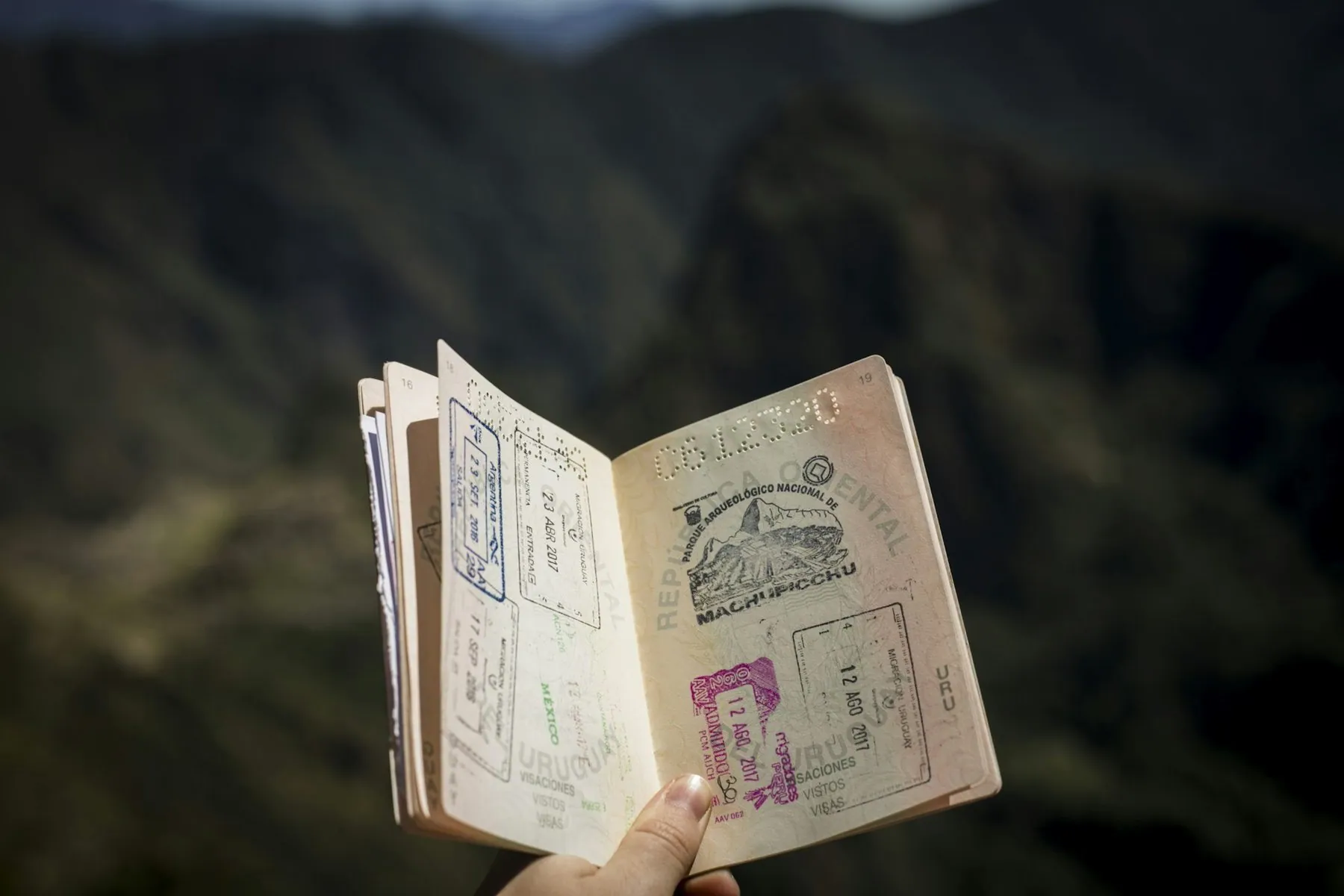 A hand holding open a stamp-filled passport against a hillside background