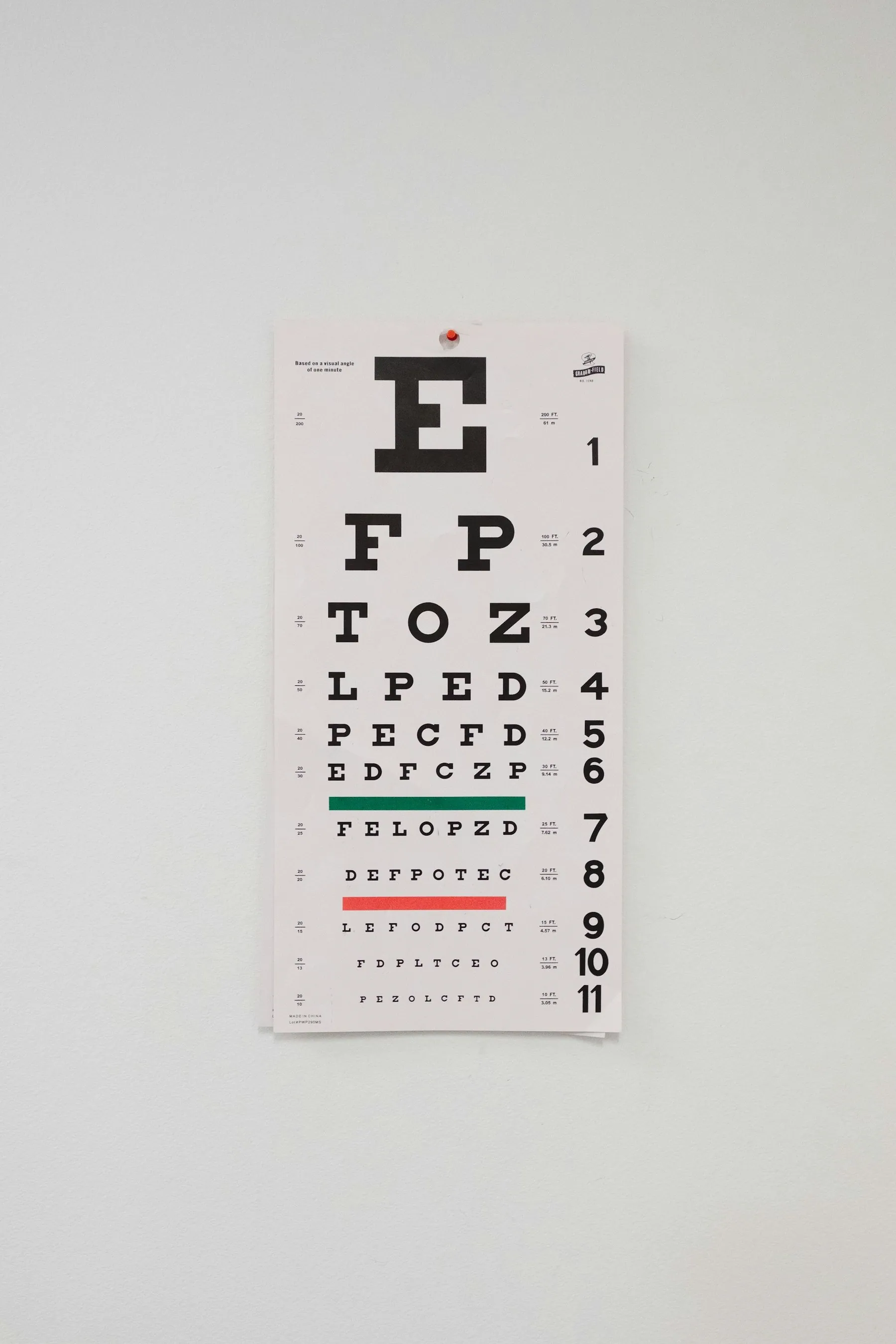 A small printed eye-test chart hanging on a plain white wall