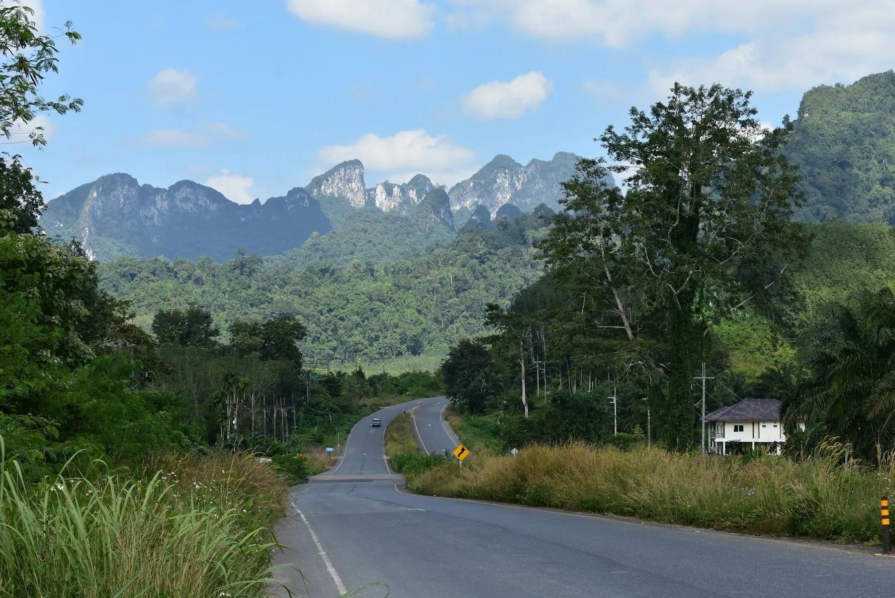 An empty road running towards limestone peaks through scrub and rubber trees