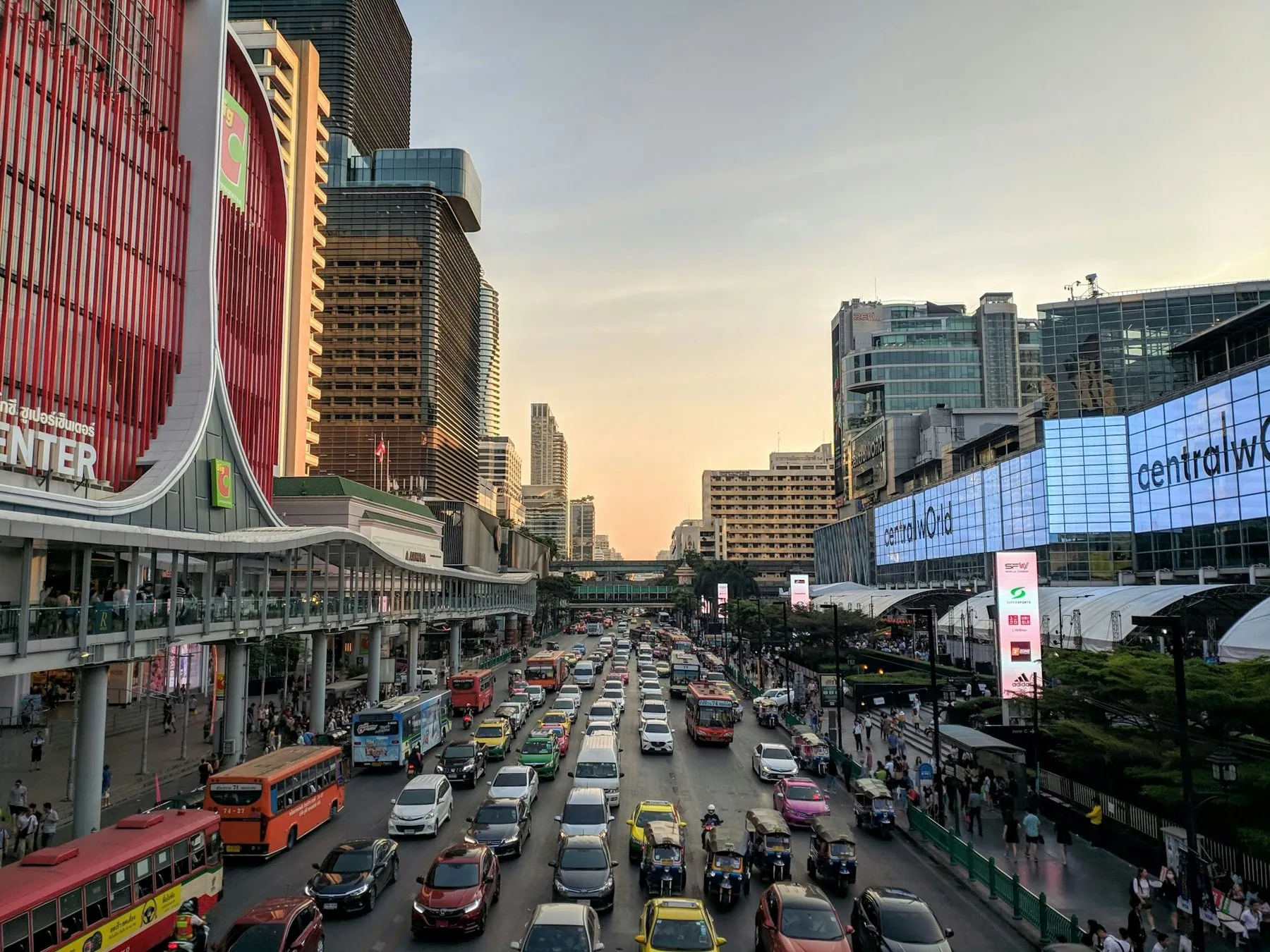 Evening traffic filling every lane of Ratchadamri Road in central Bangkok