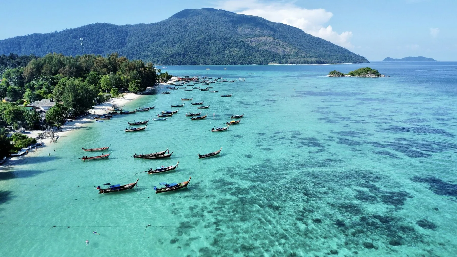 Longtail boats moored off a shallow turquoise bay at Koh Lipe with a forested headland behind