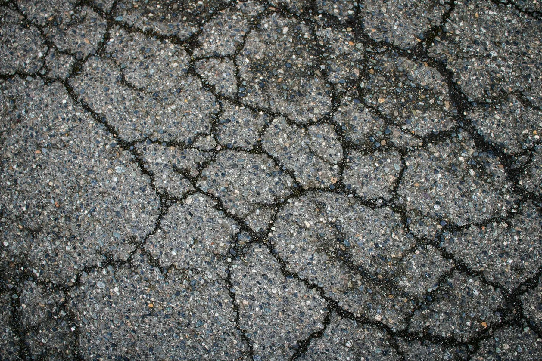 A close view of asphalt broken into a web of crazed cracks across the whole surface